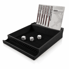 Black dice and card organizer with dice and cards on a white background