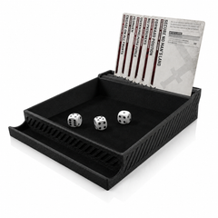Black dice and card organizer with dice and cards on a white background