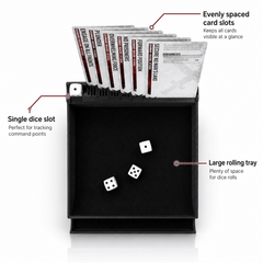 Black dice tray with card slots and dice compartments on a white background